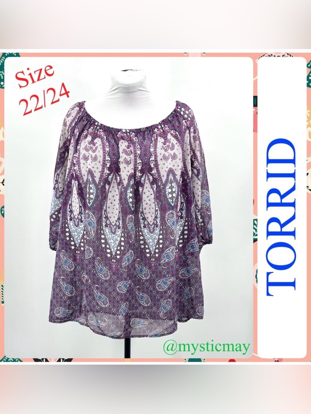 Women TORRID Purple Paisley Print Sheer Peasant Blouse Plus Size 3X or 22 / 24